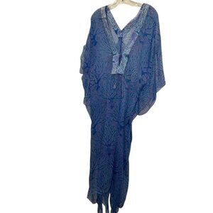 Lotty B. Mustique 100% silk blue coral fish print kaftan coverup dress S $475